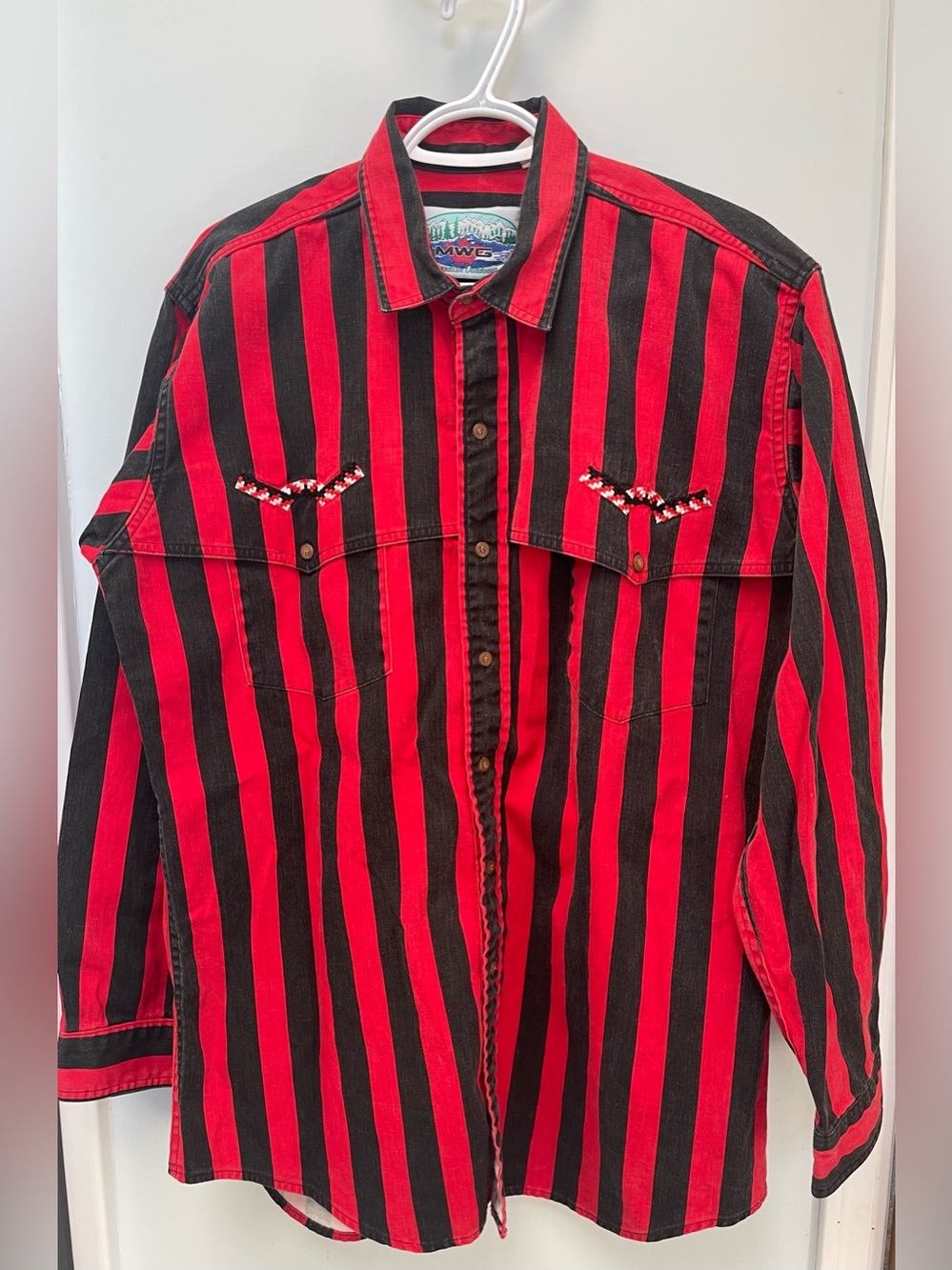 Vintage MWG Red & Black Striped Long-sleeve Western Shirt Men’s L Embroidered
